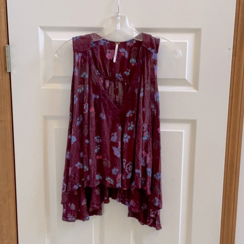 Free People Love Potion Floral Printed Linen Blend Tank Top Wine- Size Small